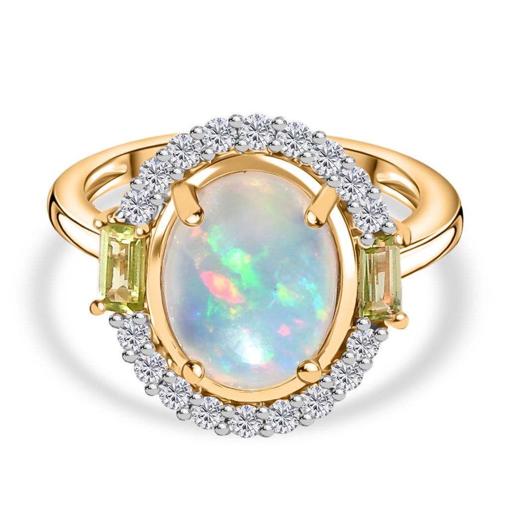 9K Yellow Gold Ethiopian Opal, Peridot & Moissanite Halo Ring 2.42 Ct._7985549