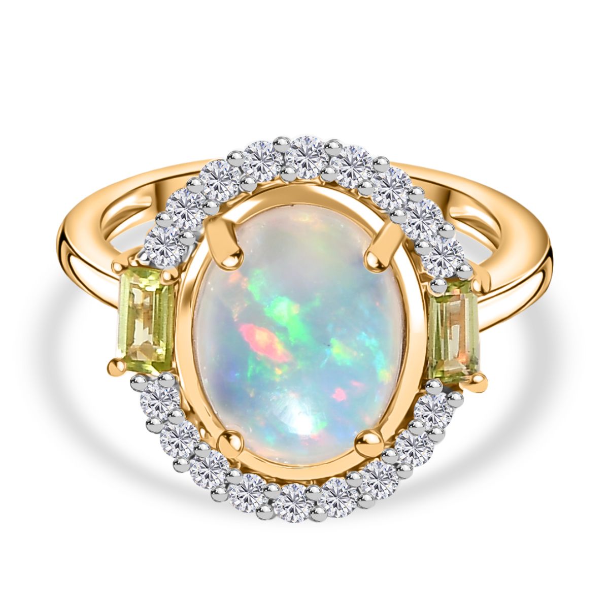 9K Yellow Gold Ethiopian Opal, Peridot &amp; Moissanite Halo Ring 2.42 Ct. 7985549 0