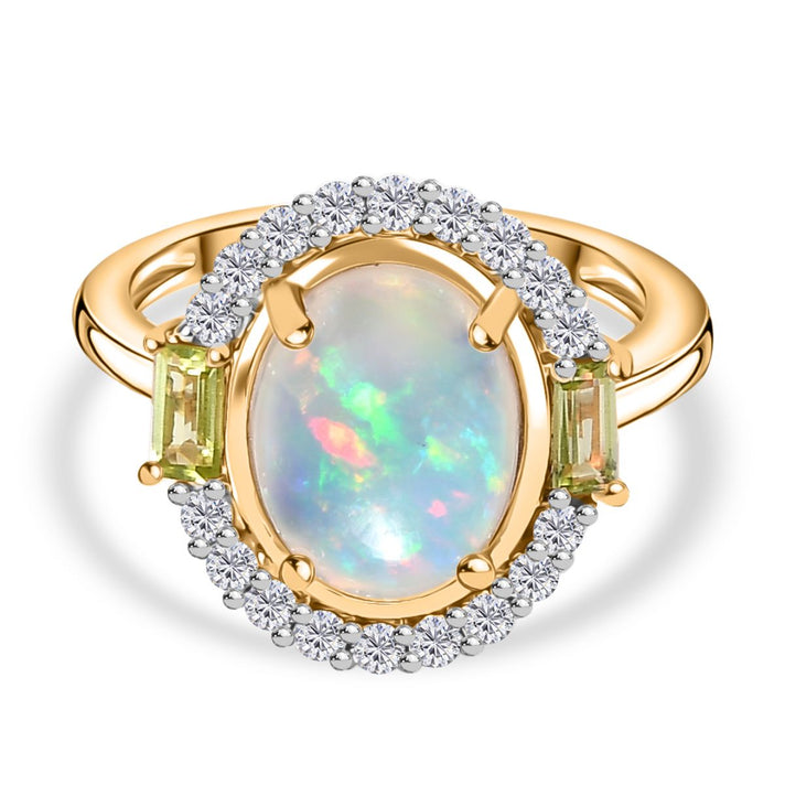 9K Yellow Gold Ethiopian Opal, Peridot &amp; Moissanite Halo Ring 2.42 Ct. 7985549 1