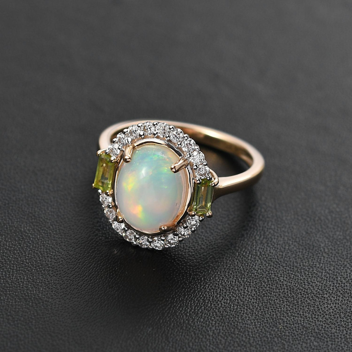 9K Yellow Gold Ethiopian Opal, Peridot &amp; Moissanite Halo Ring 2.42 Ct. 7985549 2
