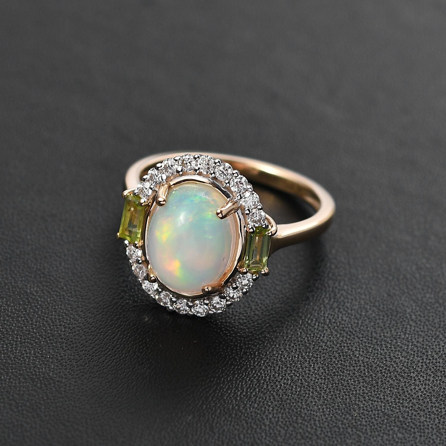 9K Yellow Gold Ethiopian Opal, Peridot &amp; Moissanite Halo Ring 2.42 Ct. 7985549 2