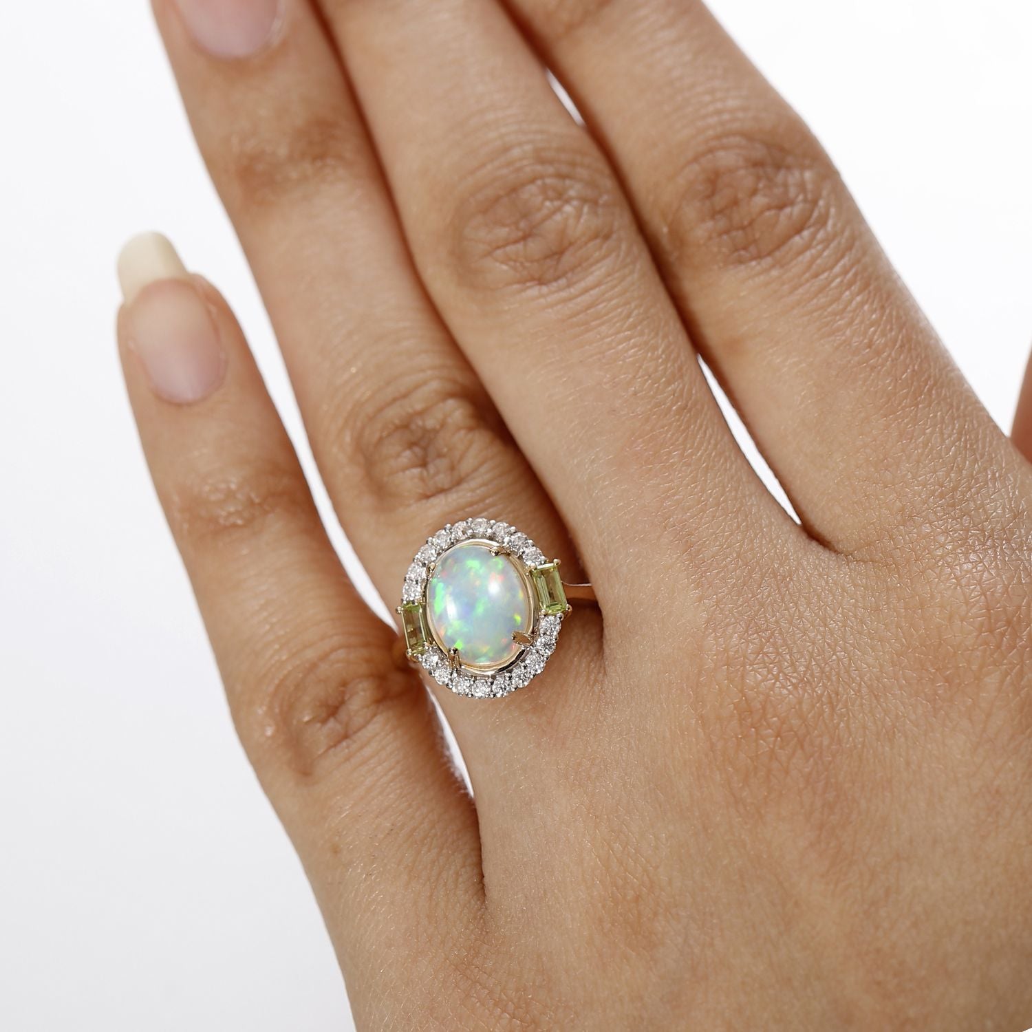 9K Yellow Gold Ethiopian Opal, Peridot &amp; Moissanite Halo Ring 2.42 Ct. 7985549 3