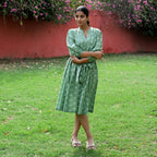 LA Marey Signature 100% Cotton Cambric Hand Block Printed Dress with Belt (Size L, 16-18) - Green_7989702_1