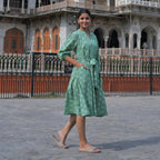 LA Marey Signature 100% Cotton Cambric Hand Block Printed Dress with Belt (Size L, 16-18) - Green_7989702_2
