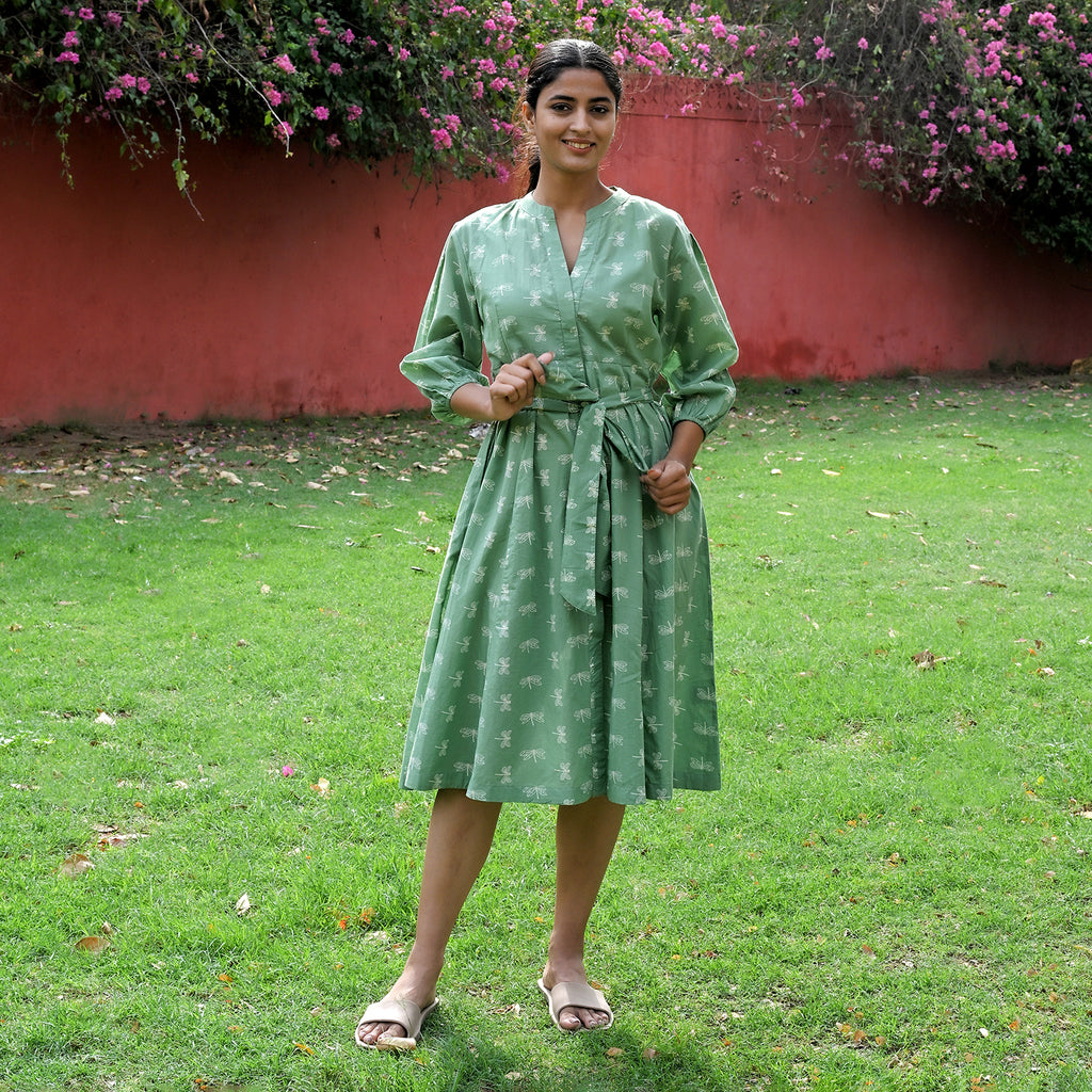 LA Marey Signature 100% Cotton Cambric Hand Block Printed Dress with Belt (Size L, 16-18) - Green_7989702_3