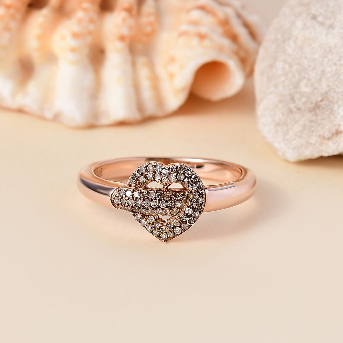 GP Amore Collection - Natural Champagne Diamond &amp; Blue Sapphire Heart Pave Ring in 18K Vermeil Rose Gold Plated Sterling Silver 0.25 Ct. 7991050 2