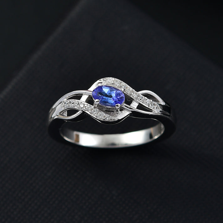 AAA Tanzanite, White Zircon Cross-over Ring in Rhodium Overlay Sterling Silver V32638301 2