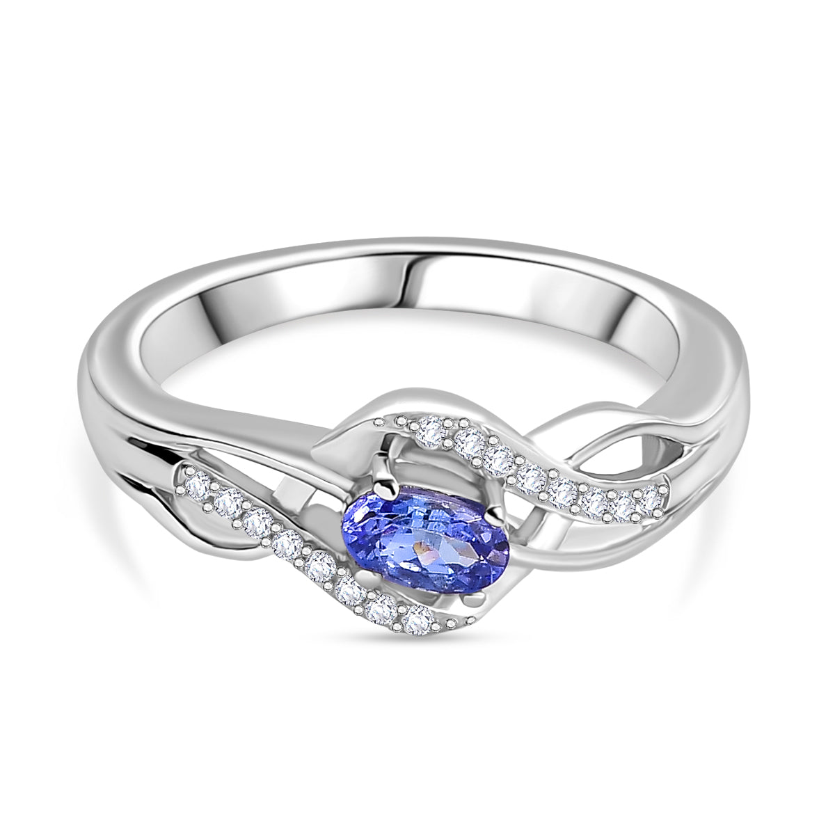 Tanzanite, White Zircon Swirl Ring in Rhodium Overlay Sterling Silver 0.39 Cts. V32521863 0