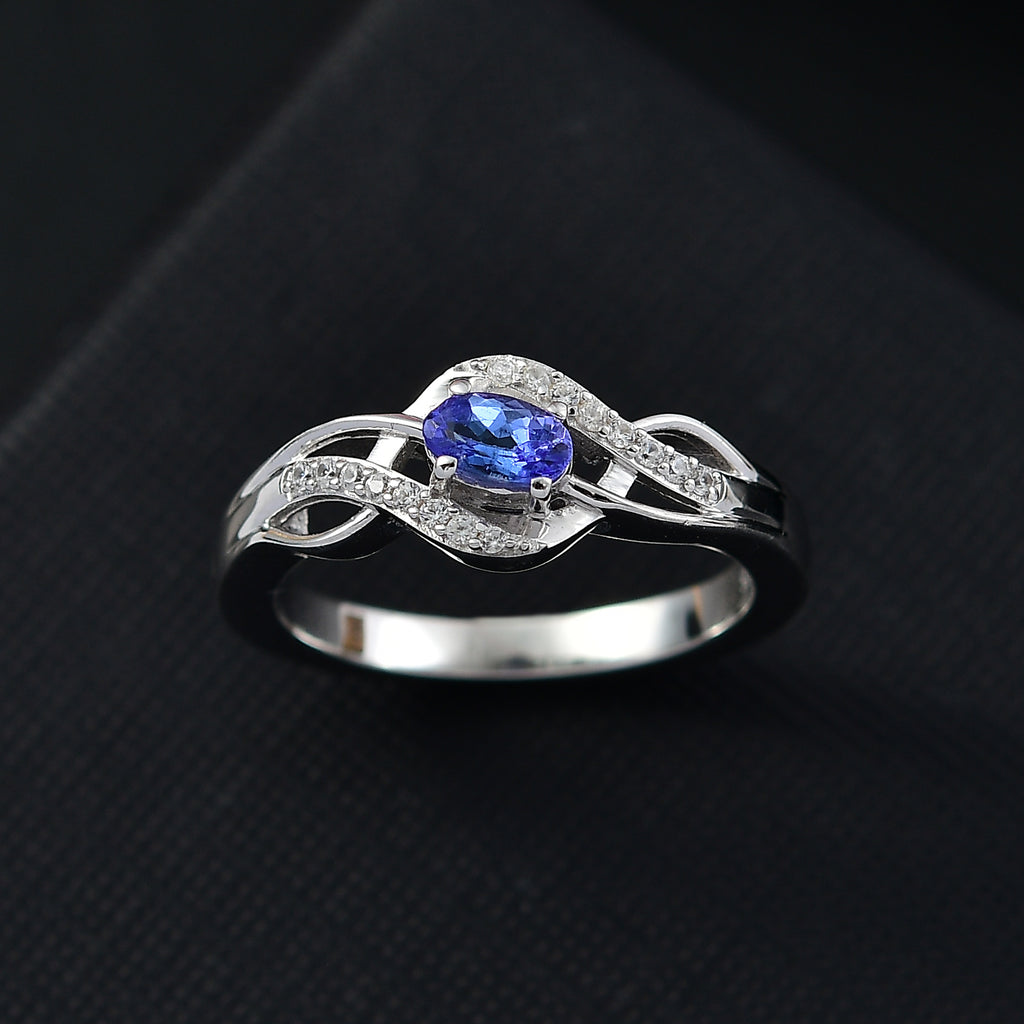 Royal Bali Collection - D'Joy AAA Tanzanite & White Zircon Solitaire Ring in Rhodium Overlay Sterling Silver_7993093_1
