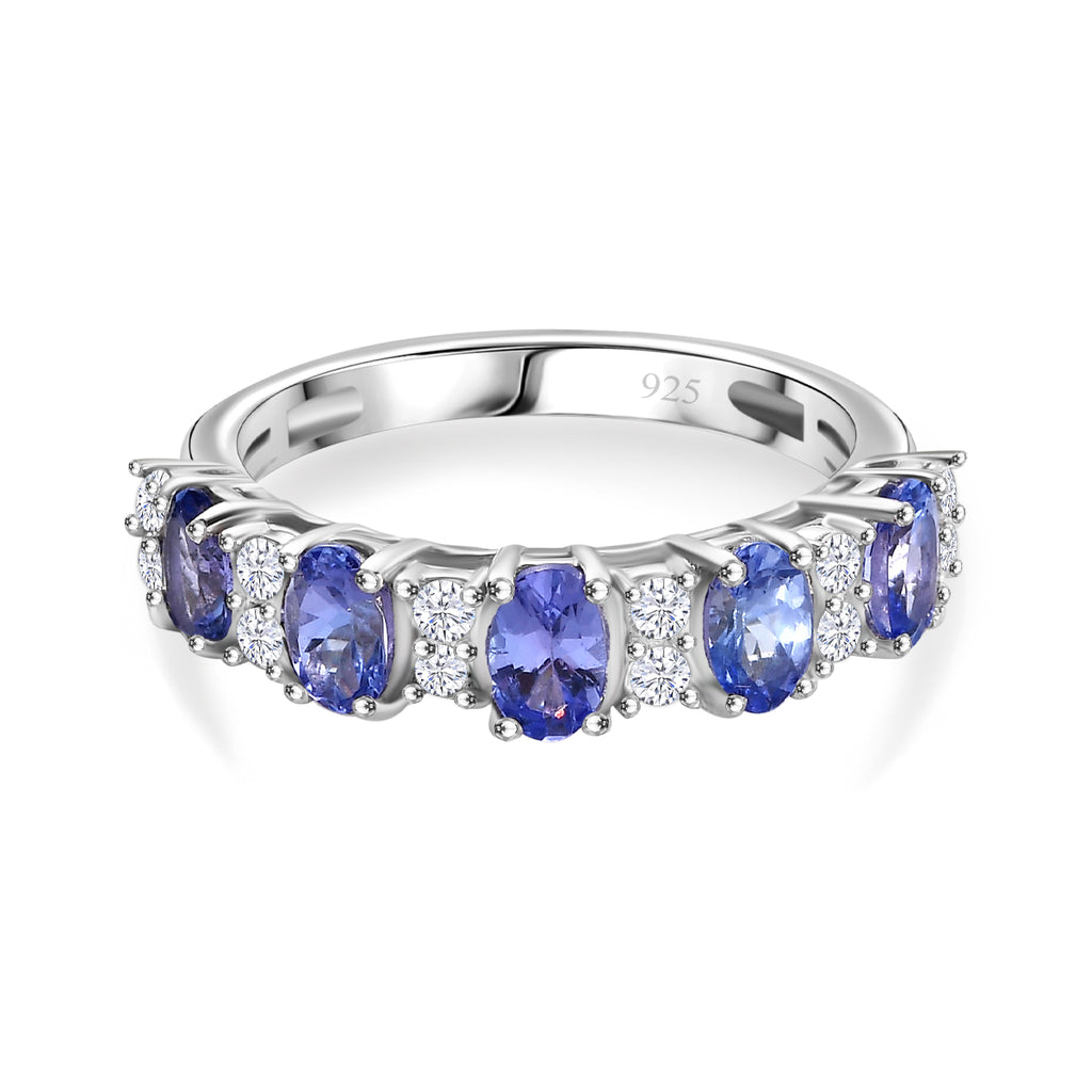 Tanzanite & White Zircon Cluster Ring in Rhodium Overlay Sterling Silver 1.59 Ct._7993178