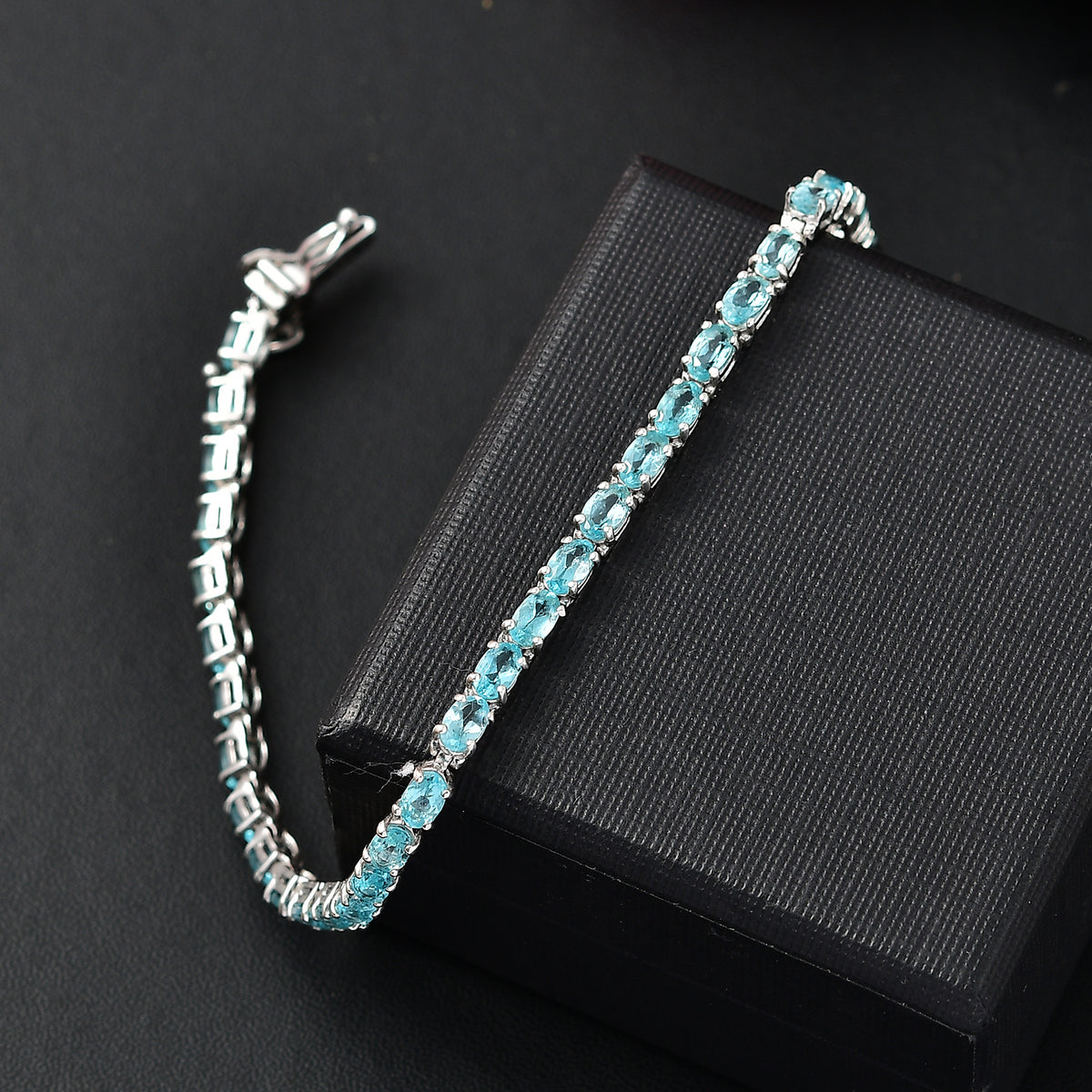 Lagoon Apatite Bracelet with GB Lock Box (Size - 7) in Rhodium Overlay Sterling Silver 8.18 Ct. 7994141 1