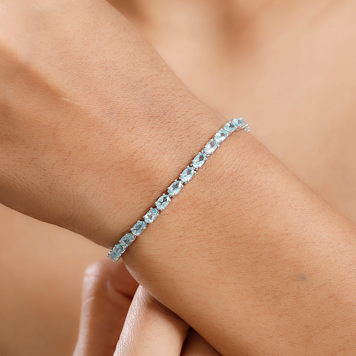 Lagoon Apatite Bracelet with GB Lock Box (Size - 7) in Rhodium Overlay Sterling Silver 8.18 Ct. 7994141 2