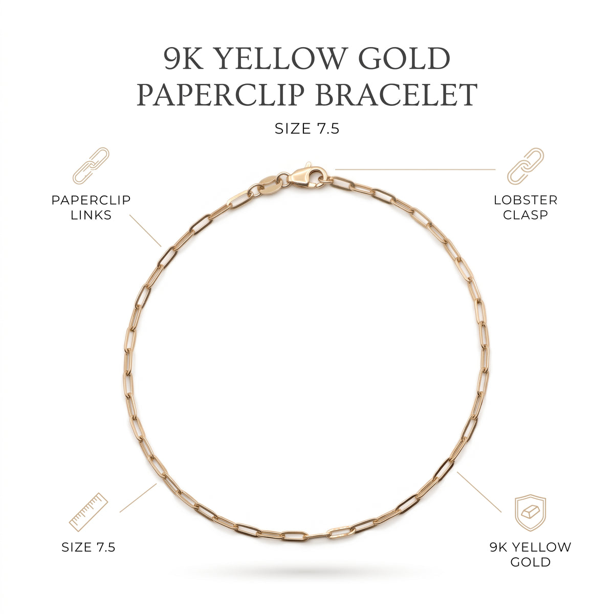 9K Yellow Gold Paperclip Bracelet With Lobster Clasp (Size - 7.5) 7994834 7