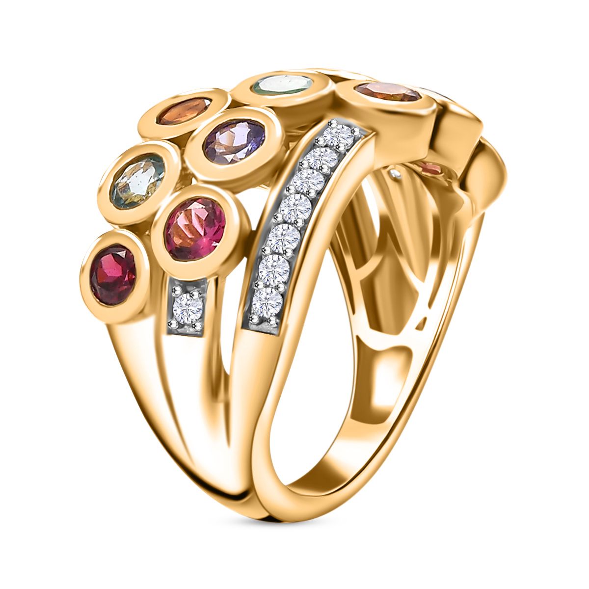 Lagoon Apatite and Multi Gemstones Cluster Bubble Ring in 18K Vermeil Yellow Gold Plated Sterling Silver V32540353 2