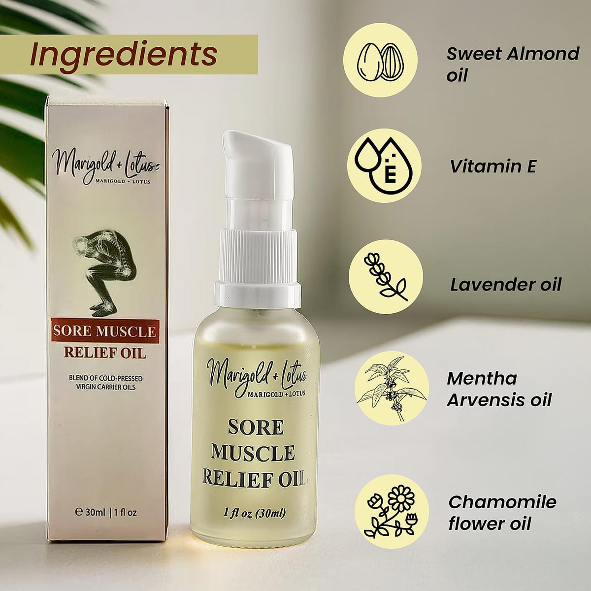Marigold &amp; Lotus Sore Muscle Relief Oil - 30ml 7995812 4