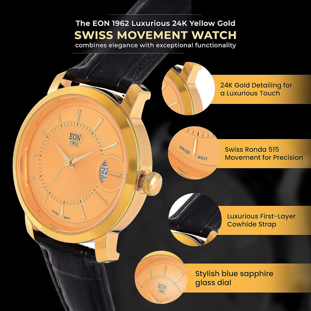 EON 1962 - Luxurious 24K Yellow Gold Swiss Movement 5 ATM Water Resistent Watch (39mm)