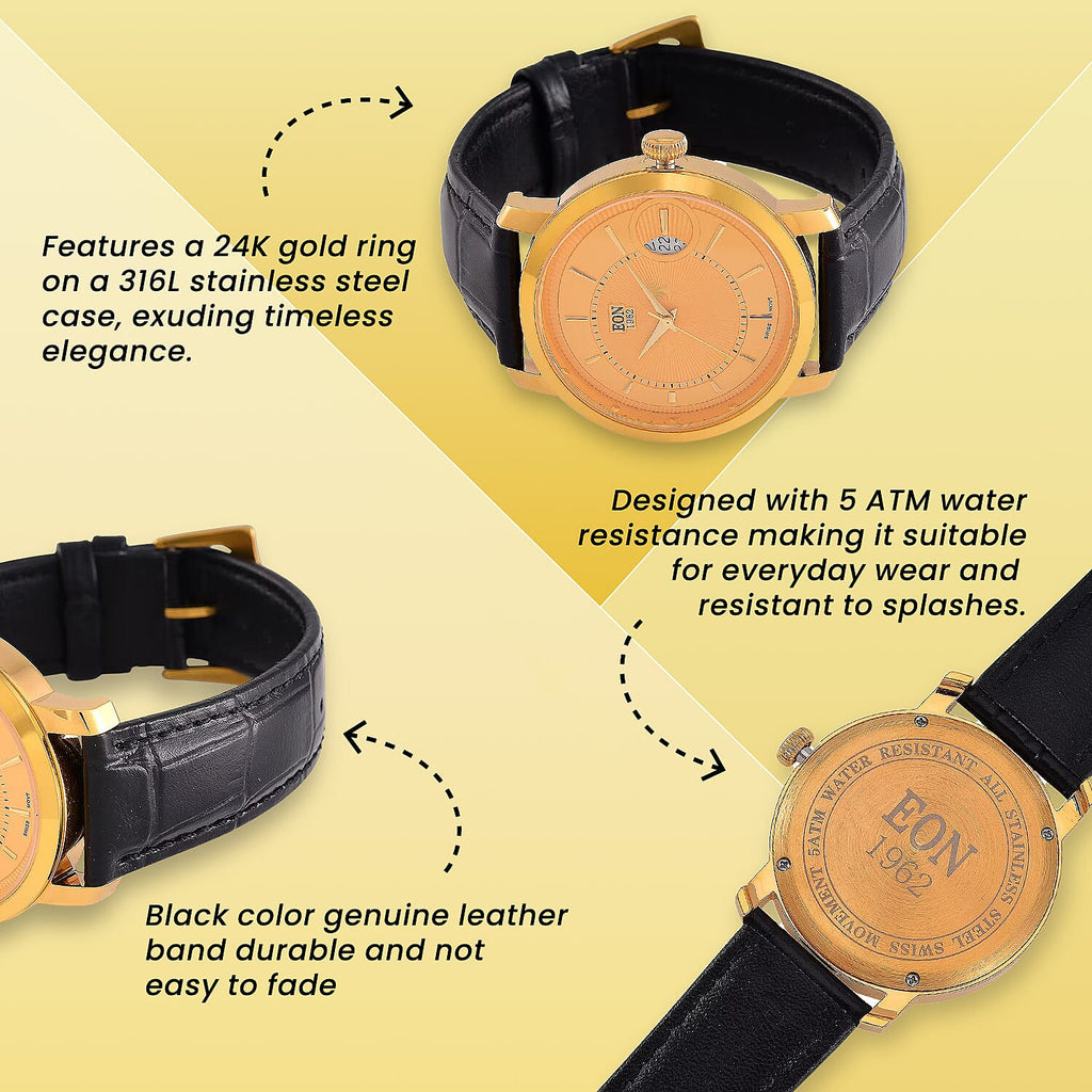 EON 1962 - Luxurious 24K Yellow Gold Swiss Movement 5 ATM Water Resistent Watch (39mm)