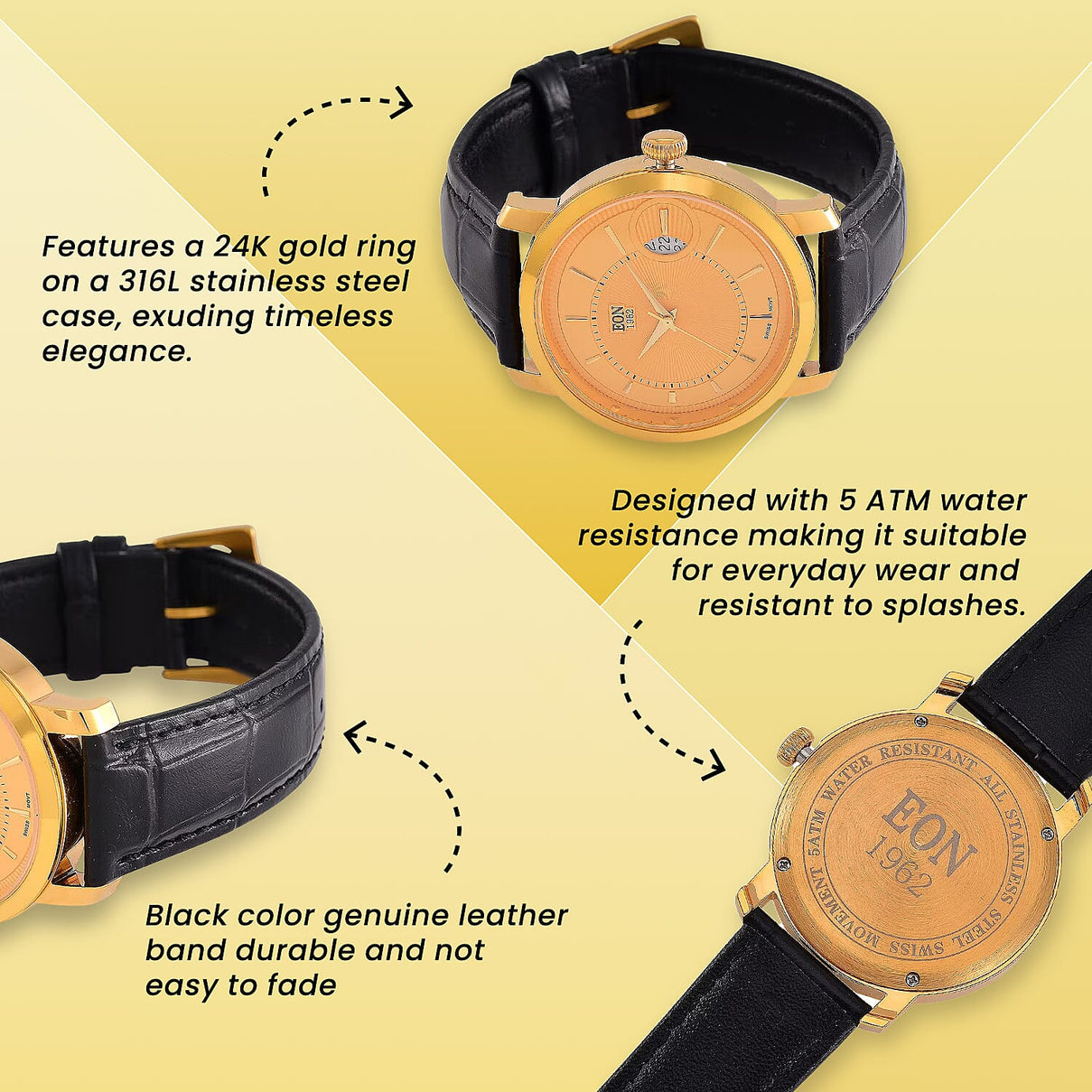 EON 1962 - Luxurious 24K Yellow Gold Swiss Movement 5 ATM Water Resistent Watch (39mm) 7996028 4