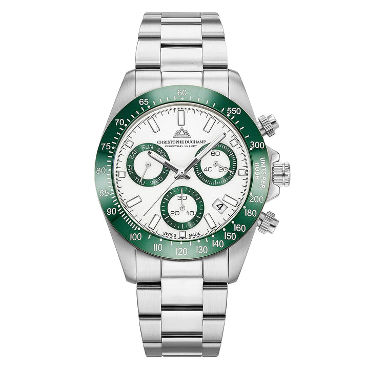 CHRISTOPHE DUCHAMP Grand Mont Ceramic Swiss Quartz 20ATM WR White Dial &amp; Silver Case Mens Watch with Silver Stainless Steel Strap 7998847 1