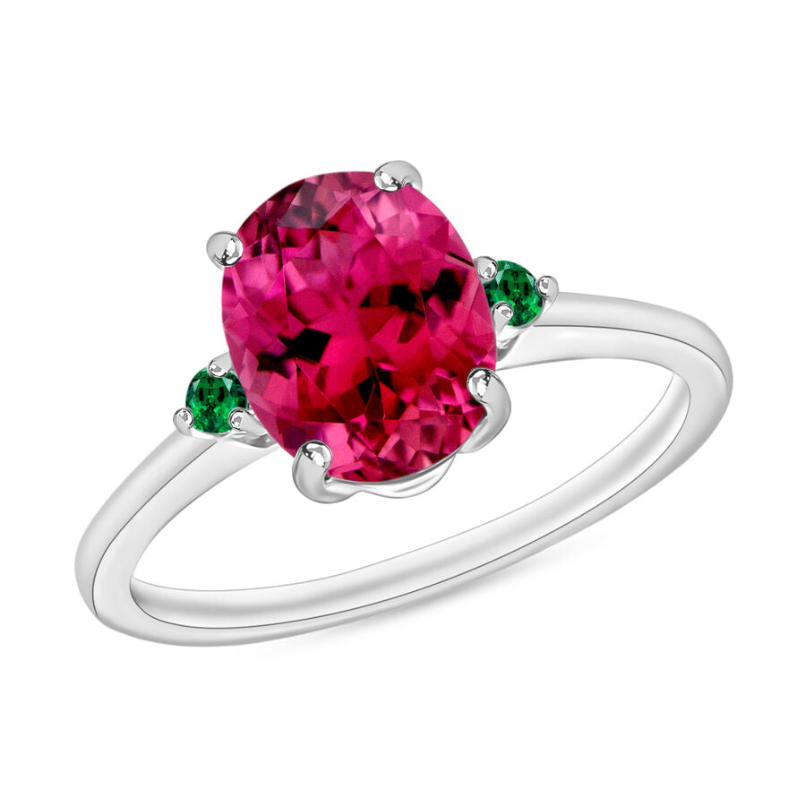 14K W Gold  AA   Rubellite ,  Colombian Emerald  Main Stone With Side Stone Ring 2.50 ct,  Gold Wt. 4 Gms  2.500  Ct. 8005671 0