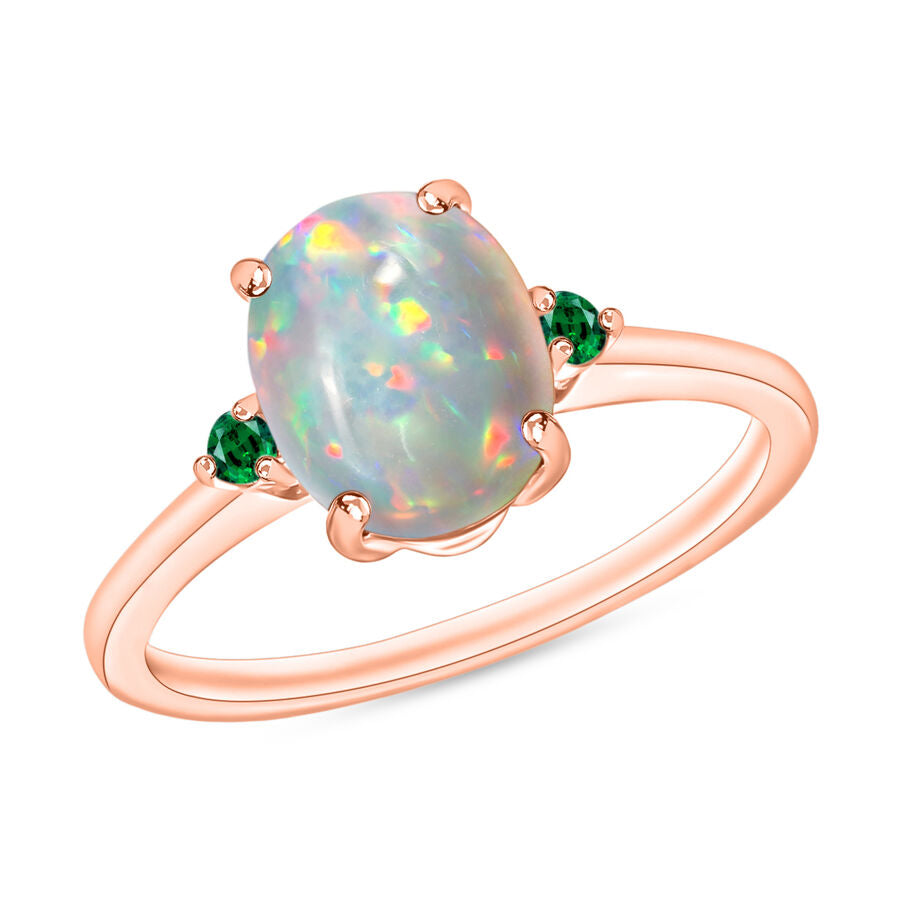 14K Rose Gold  AA   Ethiopian Opal ,  Colombian Emerald  Main Stone With Side Stone Ring 1.30 ct,  Gold Wt. 4 Gms  1.300  Ct. 8006419 0