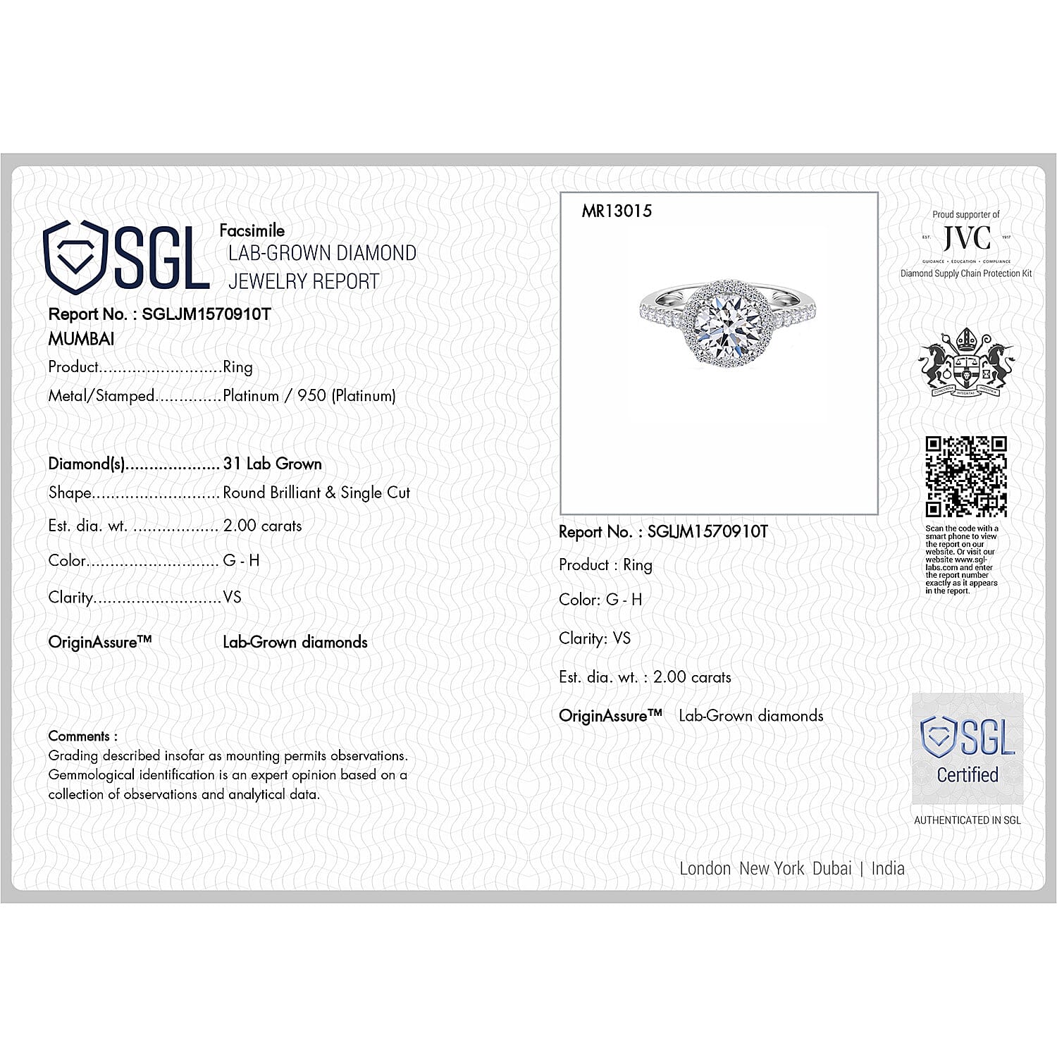 LUXURIANT 950 Platinum SGL Certified (VS/G-H) Lab Grown Diamond Ring 2 Ct. 8015926 7