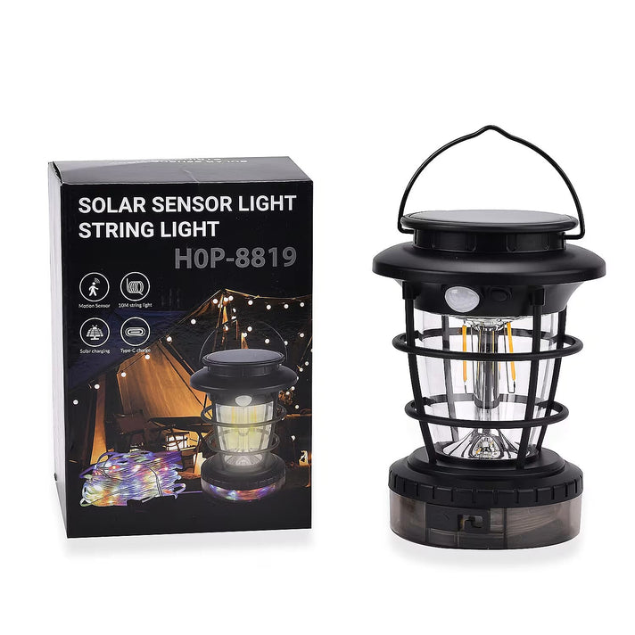 Solar Lantern with Light Modes PLUS Multi Colour String Lights &amp; USB Charging - Black &amp; White - 10 METERS 8016398 1