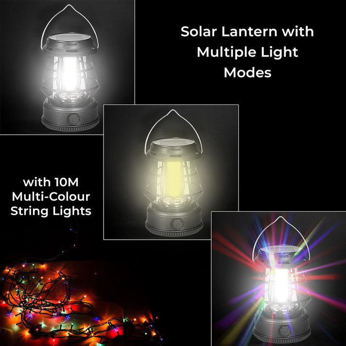 Solar Lantern with Light Modes PLUS Multi Colour String Lights &amp; USB Charging - Black &amp; White - 10 METERS 8016398 2