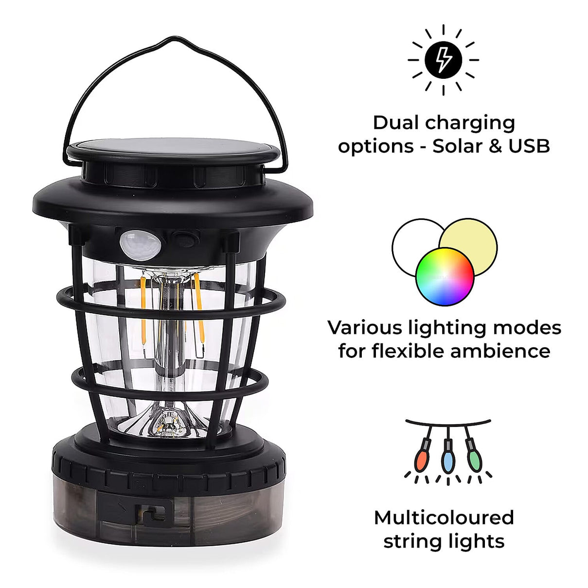 Solar Lantern with Light Modes PLUS Multi Colour String Lights &amp; USB Charging - Black &amp; White - 10 METERS 8016398 3