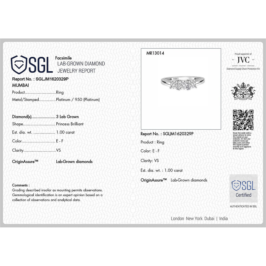 First Time Ever - Luxuriant Diamond 950 Platinum SGL Certified Princess Cut Lab Grown Diamond (VS-E-F) Ring 1.00 Ct.