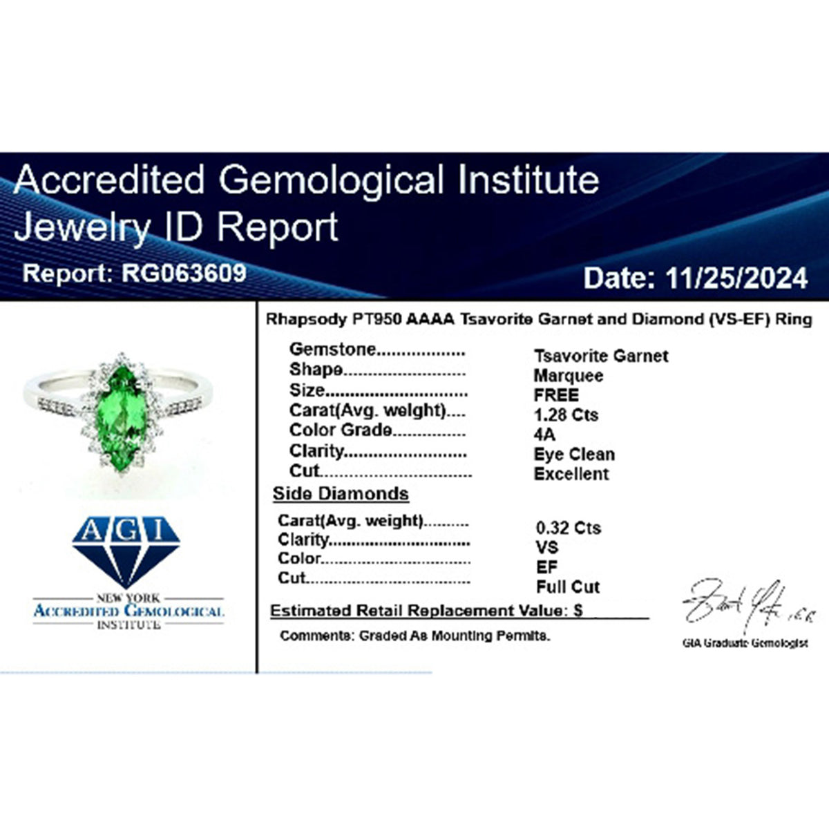Certified &amp; Appraised RHAPSODY AAAA Tsavorite Garnet, Diamond Halo Ring in 950 Platinum (E-F VS) 1.60 Ct. 8017071 0