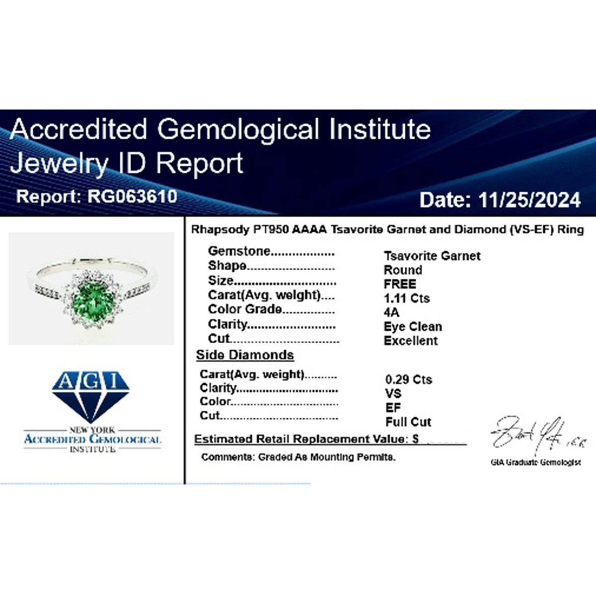 Certified &amp; Appraised RHAPSODY AAAA Tsavorite Garnet, Diamond Halo Ring in 950 Platinum (E-F VS) 1.40 Ct. 8017084 0
