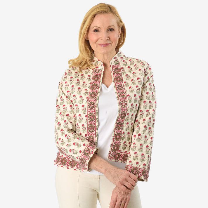 La Marey 100% Cotton Hand-Block Printed Quilted Jacket (Size 12 to 14) - Off White 8018085 1