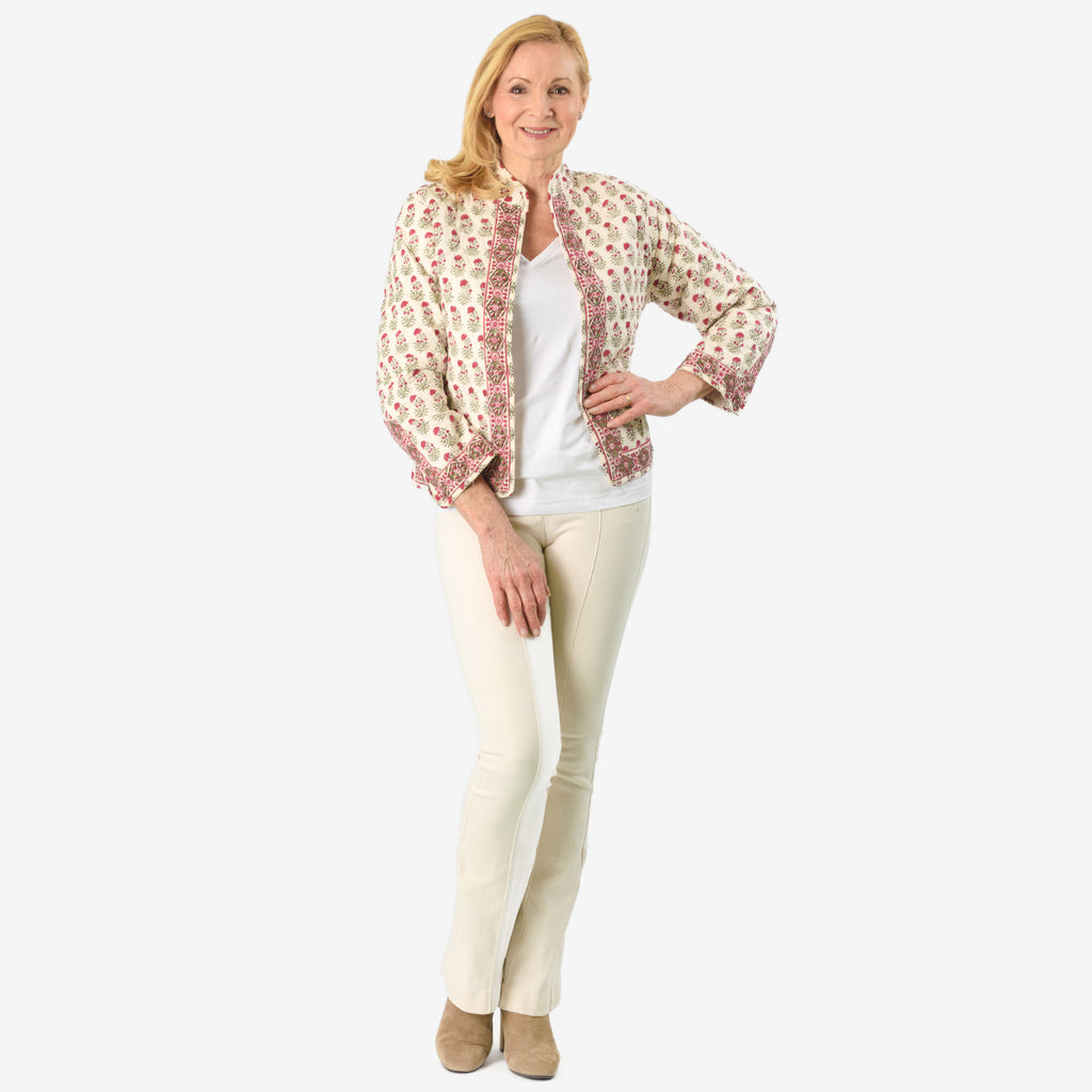 La Marey 100% Cotton Hand-Block Printed Quilted Jacket (Size 12 to 14) - Off White_8018085_1