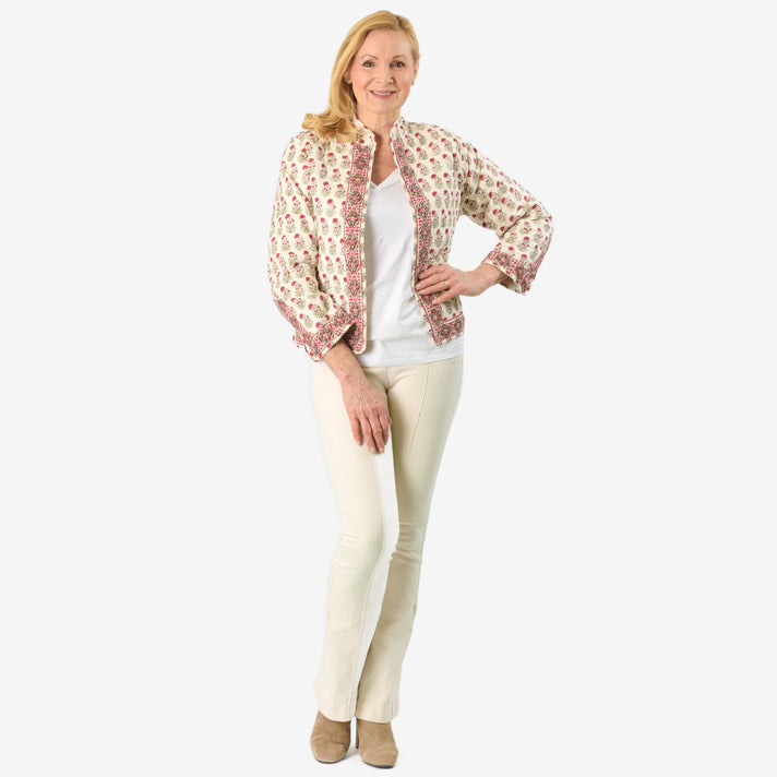 La Marey 100% Cotton Hand-Block Printed Quilted Jacket (Size 12 to 14) - Off White 8018085 2