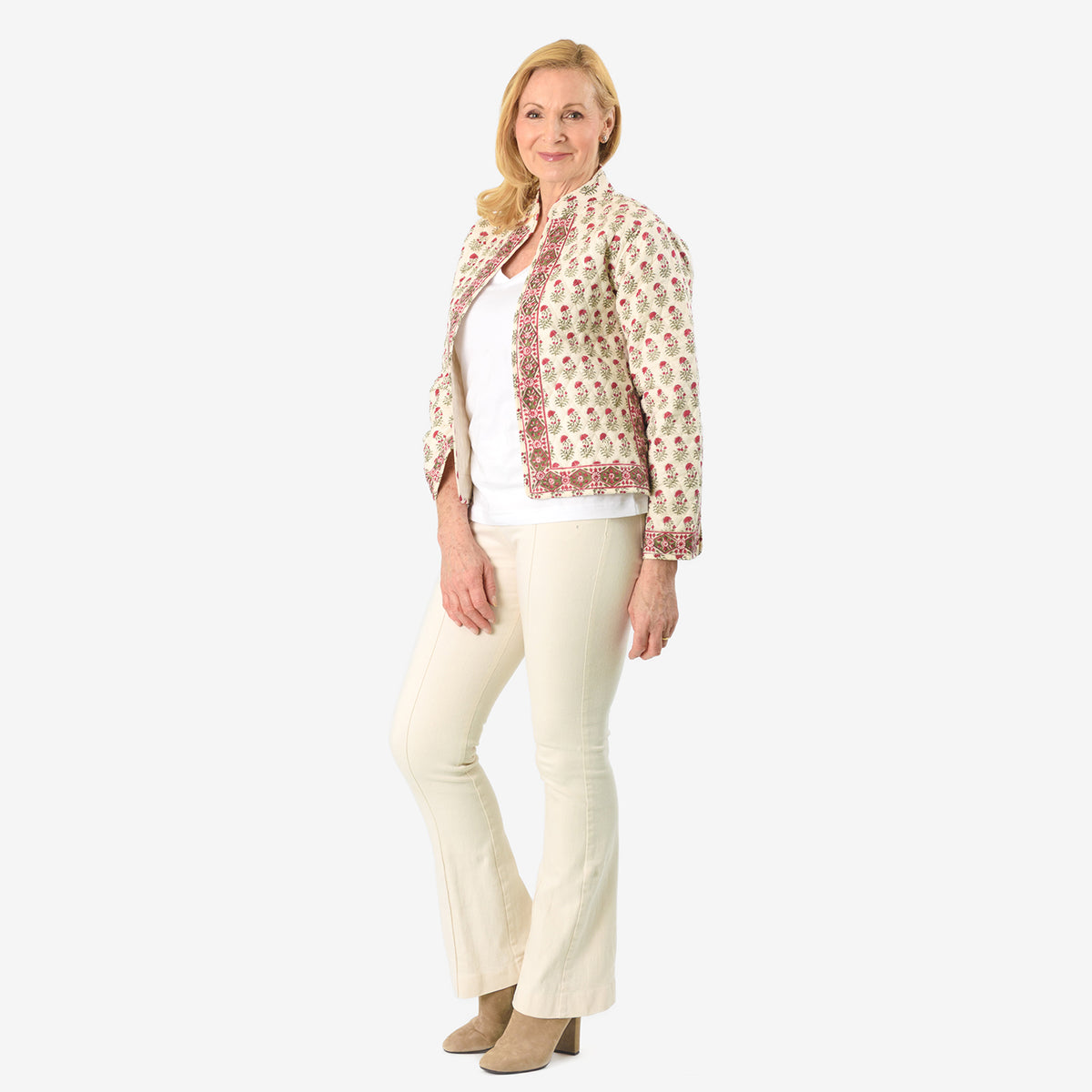 La Marey 100% Cotton Hand-Block Printed Quilted Jacket (Size 12 to 14) - Off White 8018085 3