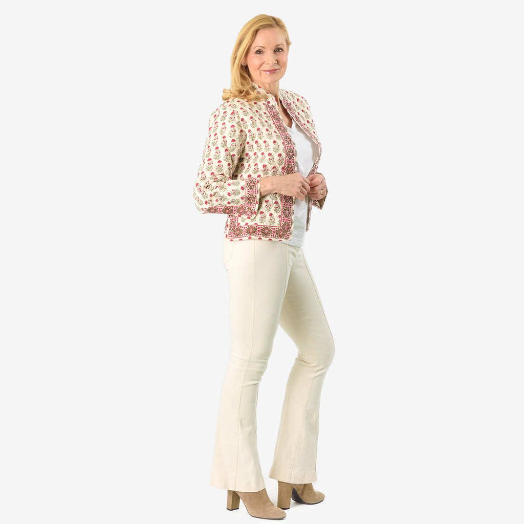 La Marey 100% Cotton Hand-Block Printed Quilted Jacket (Size 12 to 14) - Off White_8018085_3