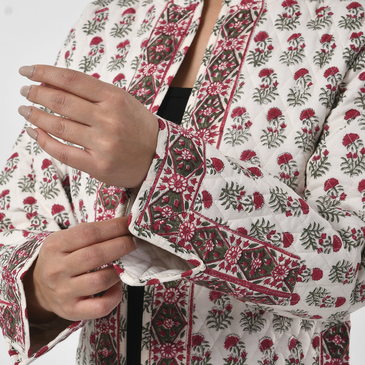 La Marey 100% Cotton Hand-Block Printed Quilted Jacket (Size 12 to 14) - Off White 8018085 7