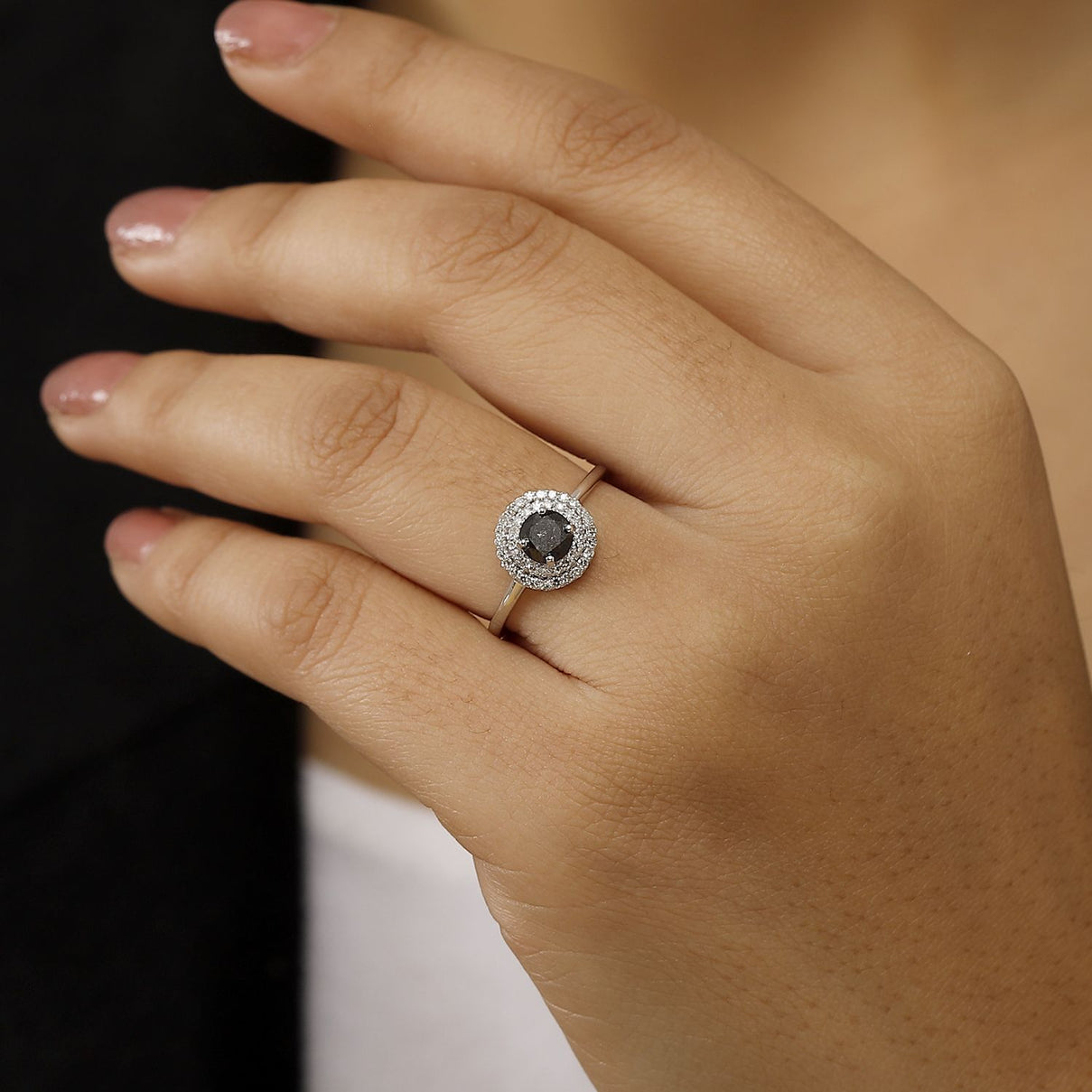 9K White Gold Black Diamond, White Diamond I3 Double Halo Ring 8020154 3