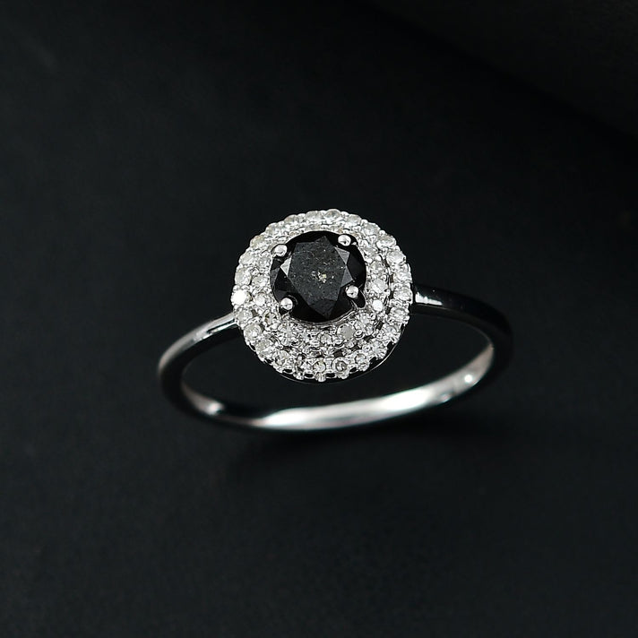 9K White Gold Black Diamond, White Diamond I3 Double Halo Ring 8020155 2