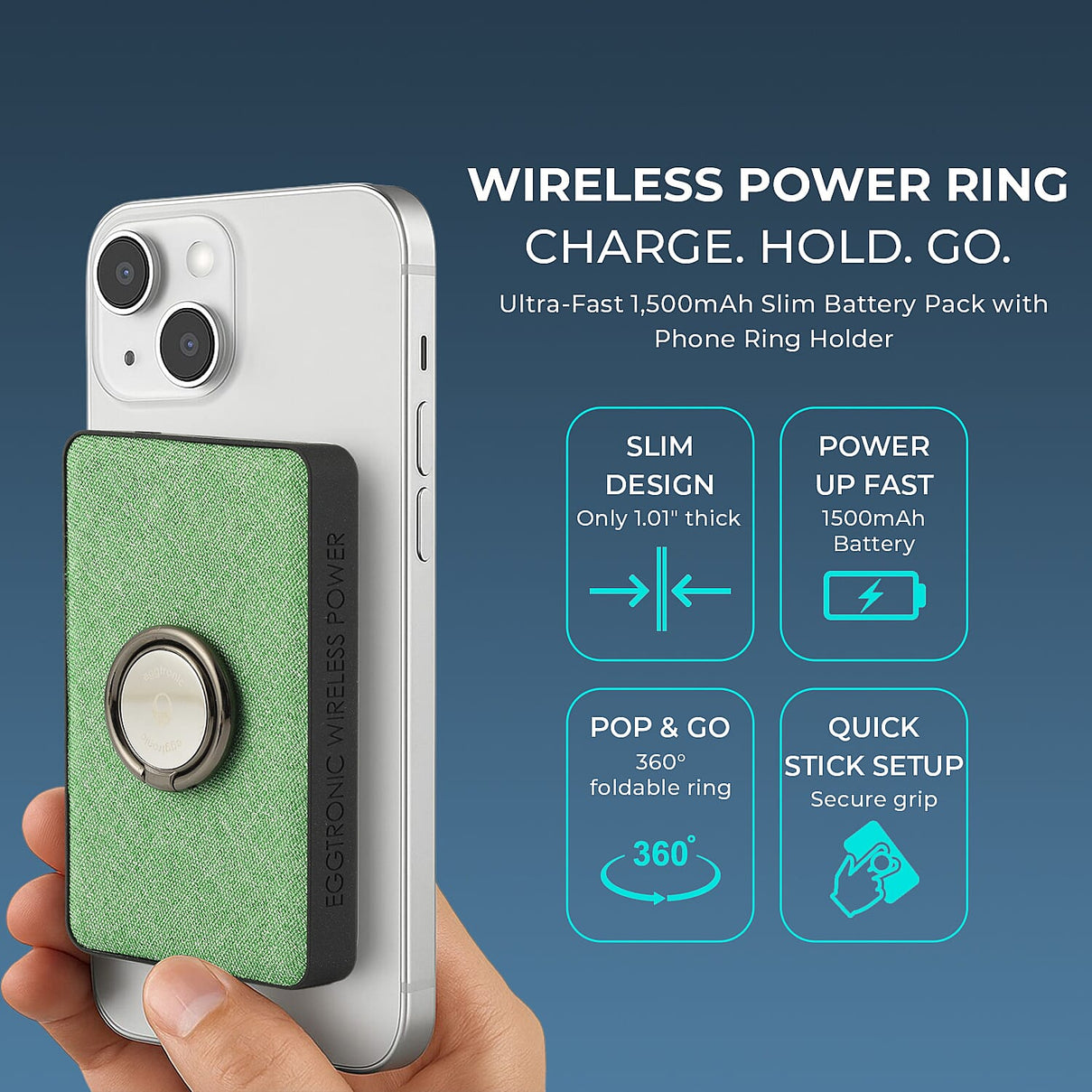 Eggtronic Wireless Power Ring with USB-C Fast Charging - 1,500mAh Power Bank with Holder Ring 8020801 2