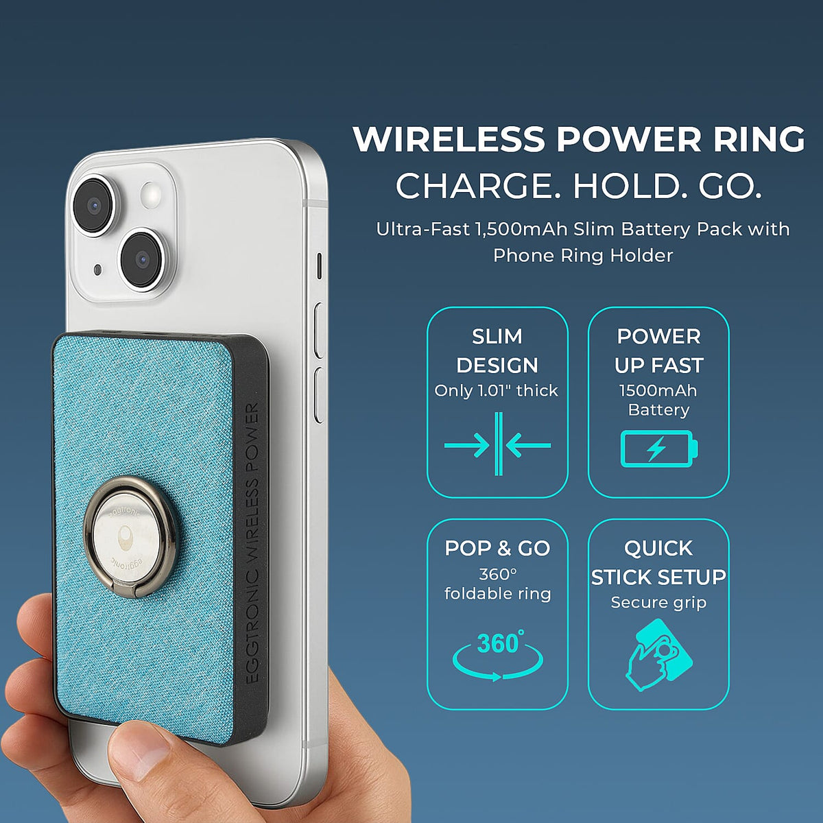 Eggtronic Wireless Power Ring with USB-C Fast Charging - 1,500mAh Power Bank with Holder Ring V32701603 2