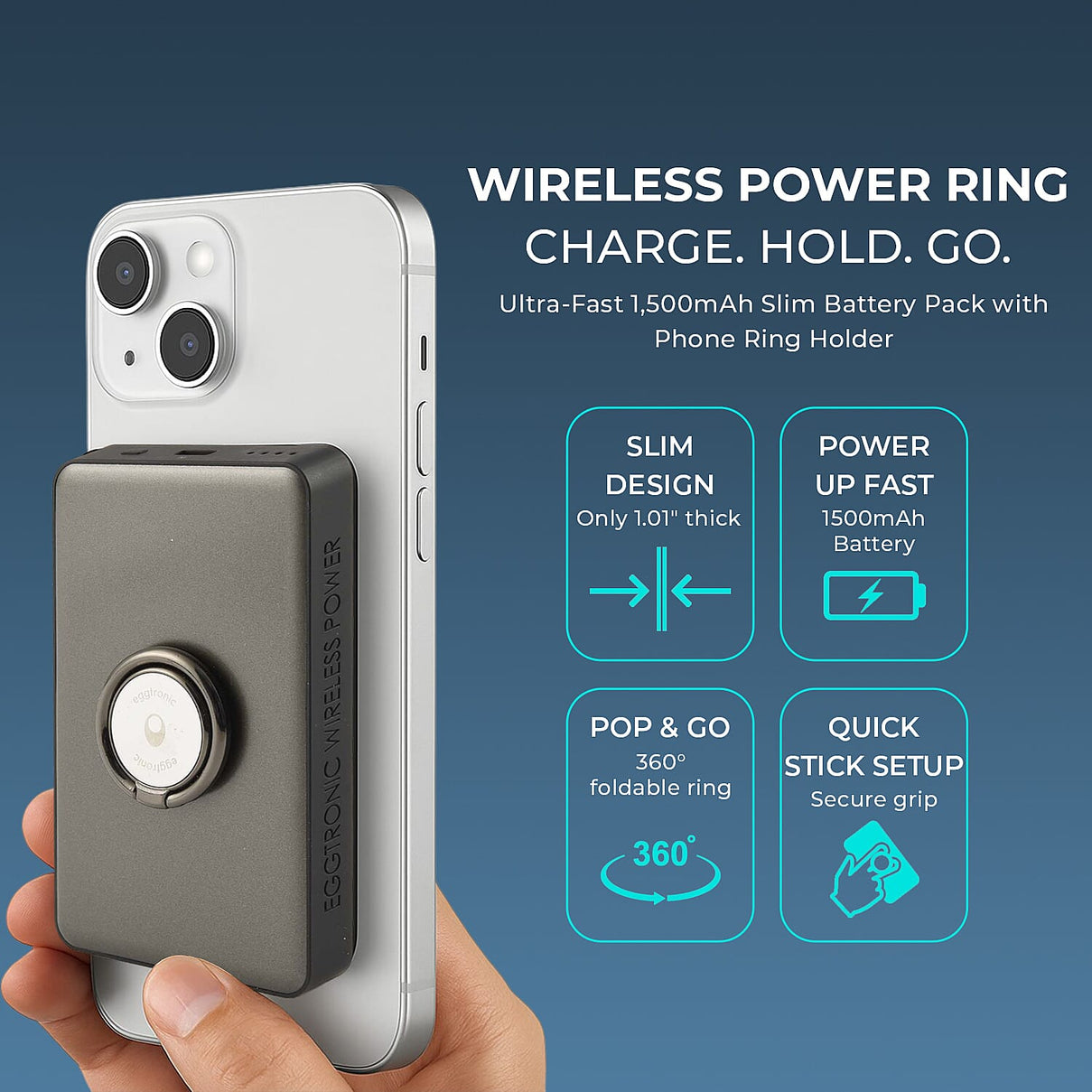 Eggtronic Wireless Power Ring with USB-C Fast Charging - 1,500mAh Power Bank with Holder Ring 8020816 2