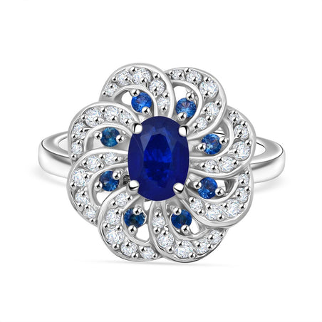 Premium Vietnamese Cobalt Blue Spinel, White Zircon &amp; Ceylon Sapphire Floral Ring in Rhodium Overlay Sterling Silver 1.62 Ct. 8021518 1
