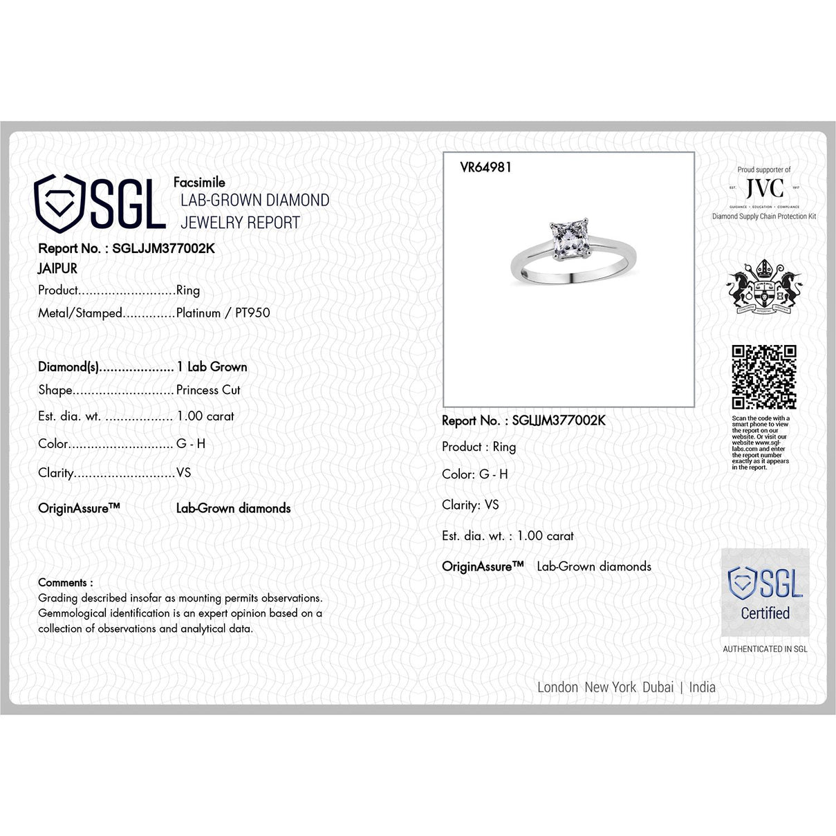 LUXURIANT 1 Ct. Lab Grown Diamond Solitaire Ring in 950 Platinum SGL Certified (VS-GH) 8021701 7