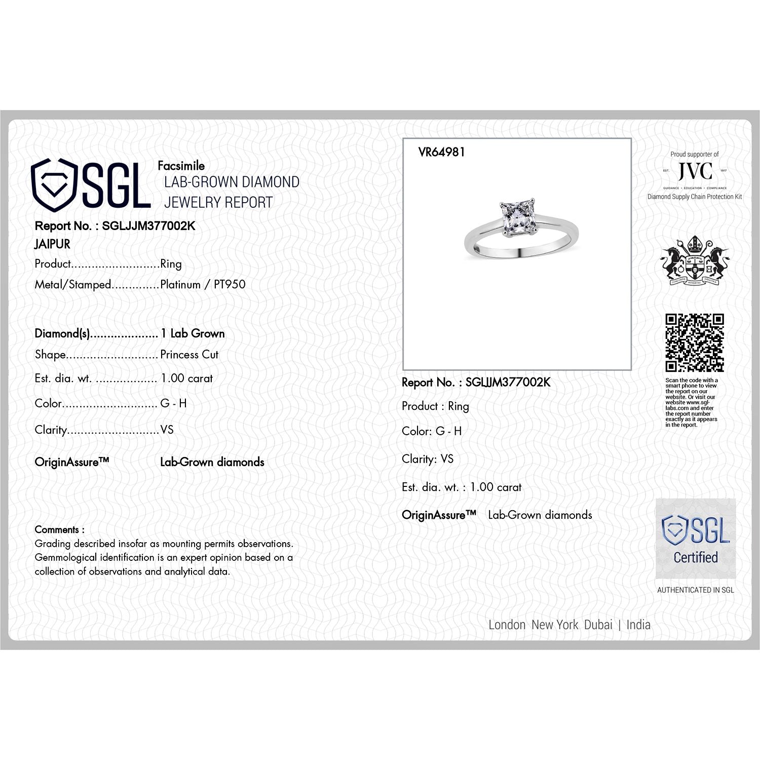 LUXURIANT 1 Ct. Lab Grown Diamond Solitaire Ring in 950 Platinum SGL Certified (VS-GH) 8021701 7