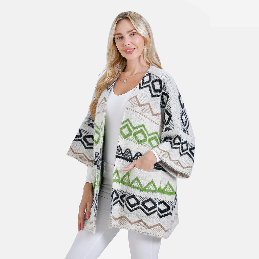 Designer Inspired - La Marey Fuzzy Aztec Pattern Cardigan (OneSize) - Green_8022204_2