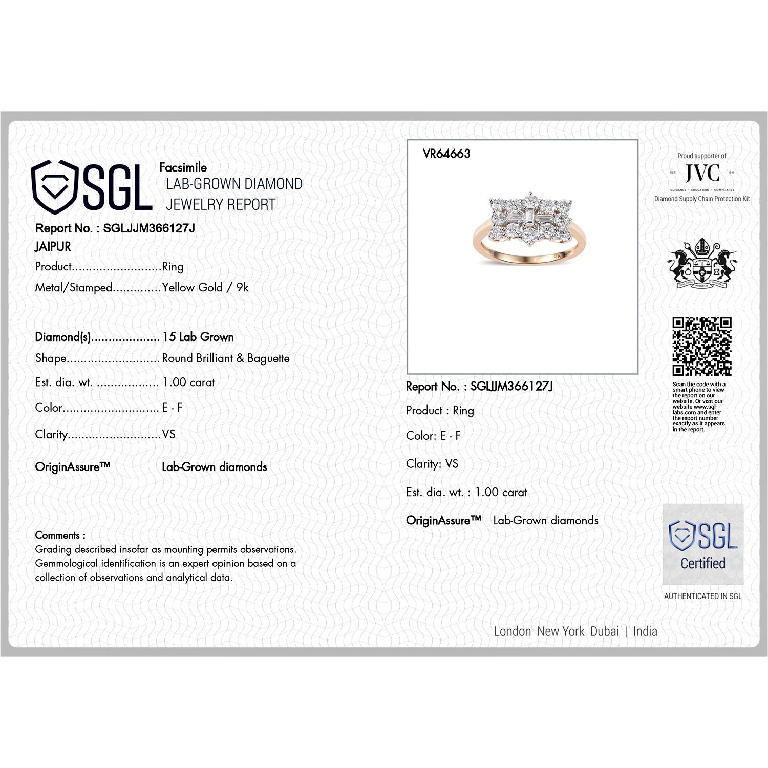 LUXURIANT 1 Ct. Lab Grown Diamond Cluster Boat Ring in 9K Yellow Gold SGL Certified (VS-E/F) 8022409 8