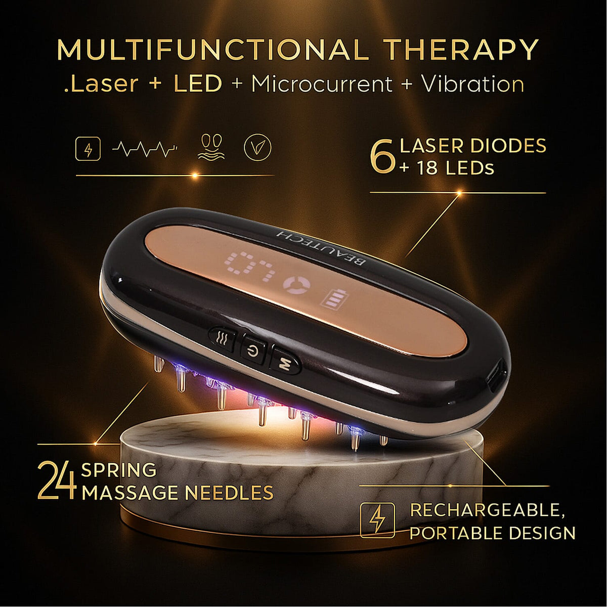 BEAUTECH- Multifunctional Scalp Hair Loss Treatment Comb - Laser, LED, Microcurrent &amp; Vibration Therapy - Dark Brown 8023316 2