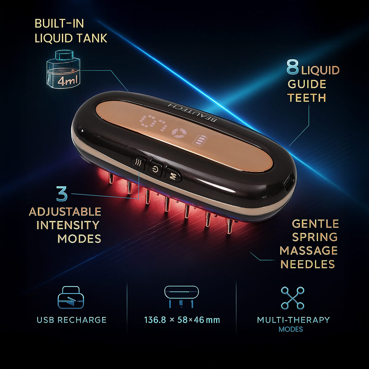BEAUTECH- Multifunctional Scalp Hair Loss Treatment Comb - Laser, LED, Microcurrent &amp; Vibration Therapy - Dark Brown 8023316 5